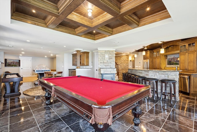 rec room with coffered ceiling, dark tile floors, pool table, and crown molding