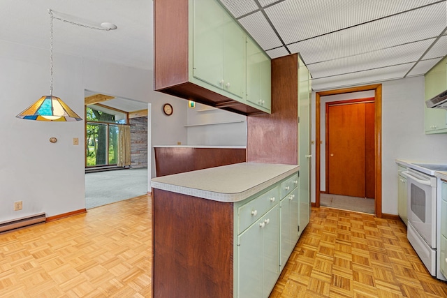 kitchen featuring hanging light fixtures, a baseboard heating unit, light parquet floors, and white range with electric stovetop