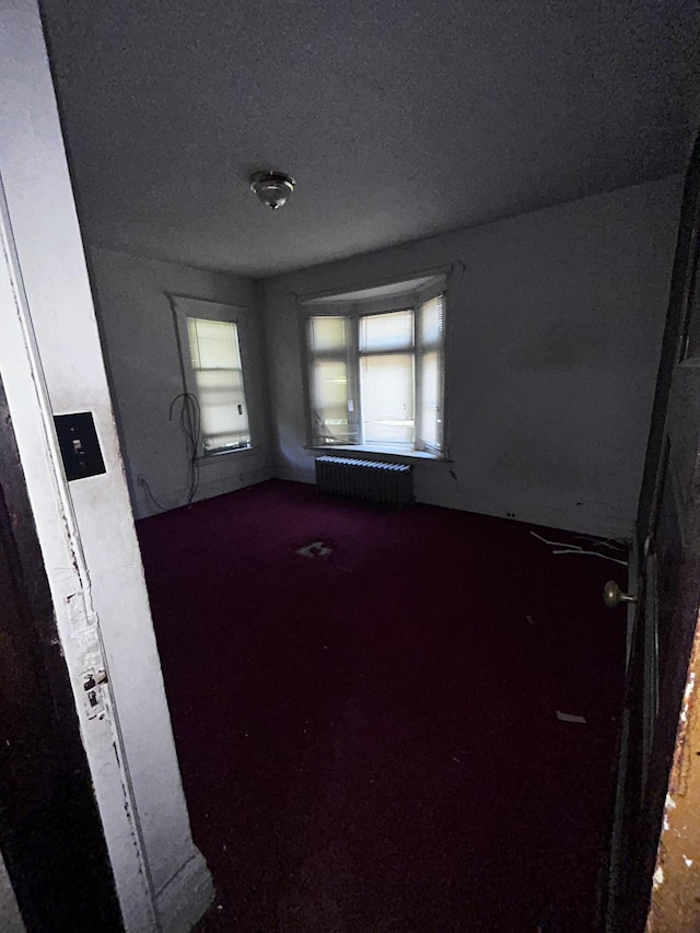 empty room featuring radiator heating unit, a textured ceiling, and plenty of natural light