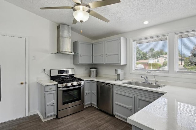 kitchen featuring wall chimney exhaust hood, dark hardwood / wood-style flooring, stainless steel appliances, and a wealth of natural light