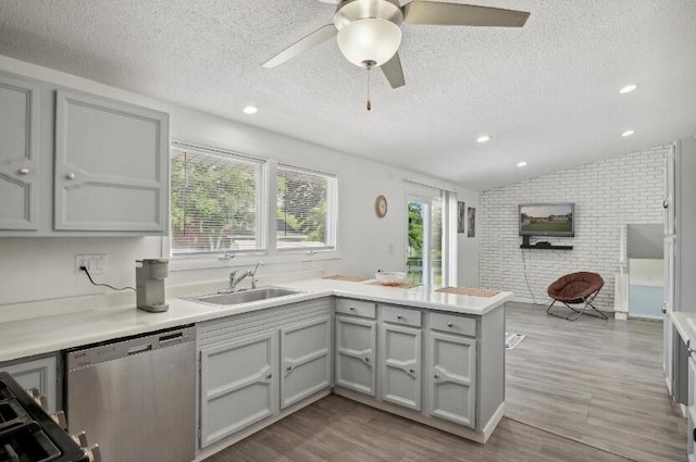 kitchen featuring dishwasher, sink, light wood-type flooring, and lofted ceiling