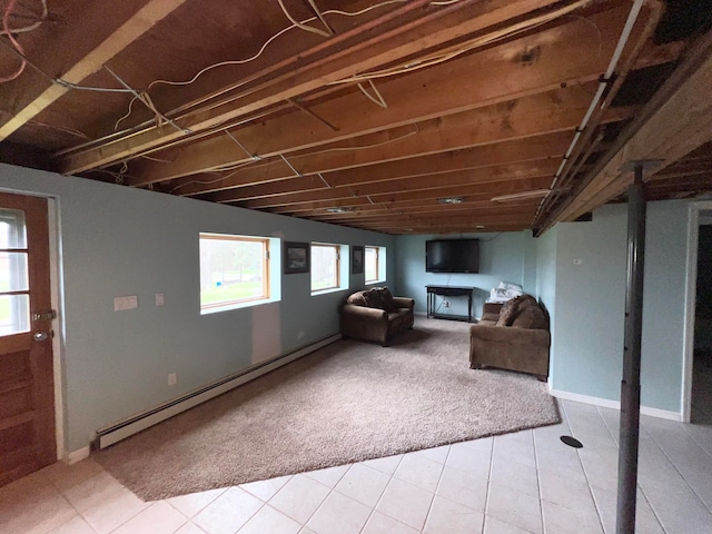 interior space featuring a baseboard heating unit and tile floors