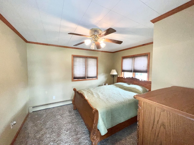 carpeted bedroom with ceiling fan and a baseboard radiator