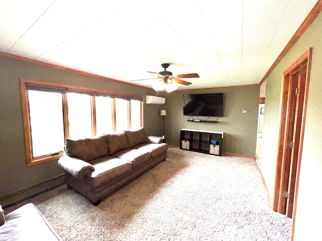 carpeted living room with crown molding and ceiling fan