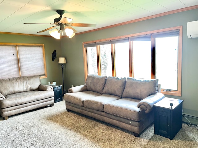 living room with a wall unit AC, carpet, ceiling fan, and crown molding