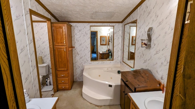 bathroom with ornamental molding, a bath, vanity, and a textured ceiling