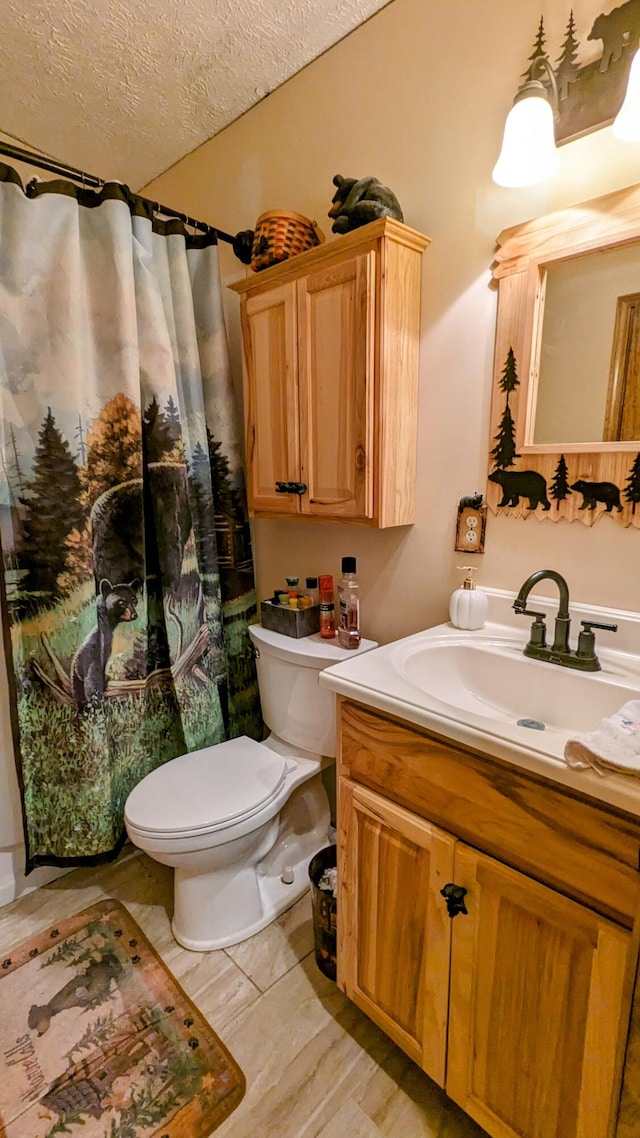 bathroom featuring toilet, vanity, and a textured ceiling