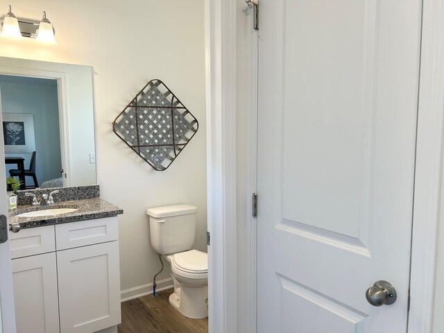 bathroom featuring toilet, vanity, and wood-type flooring