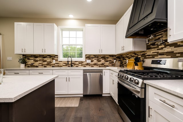 kitchen with sink, tasteful backsplash, custom range hood, and stainless steel appliances