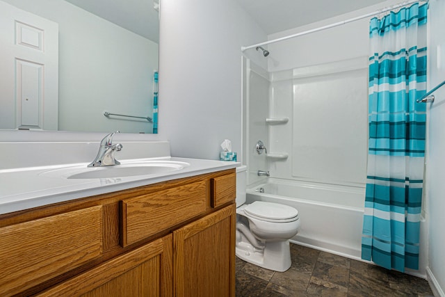 full bathroom with vanity, toilet, and shower / tub combo with curtain