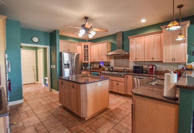 kitchen with tasteful backsplash, light tile floors, a center island, wall chimney exhaust hood, and appliances with stainless steel finishes