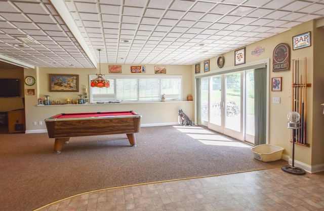 recreation room featuring carpet, french doors, and pool table