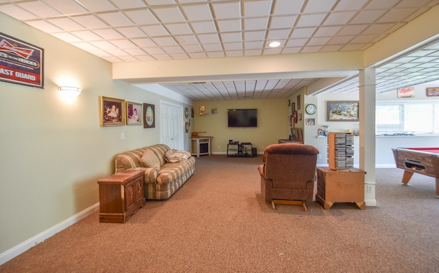 living room featuring pool table and carpet floors