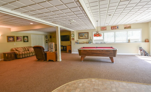 game room with carpet and billiards