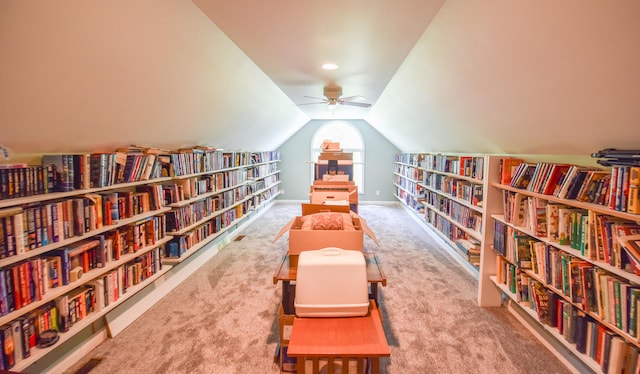 interior space with lofted ceiling and carpet floors