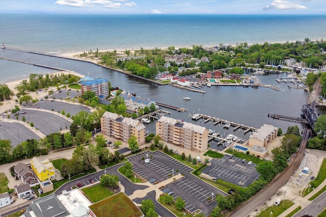 aerial view featuring a water view