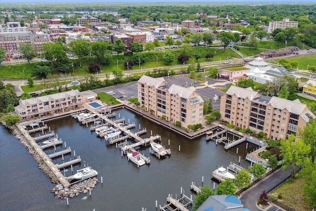 bird's eye view with a water view