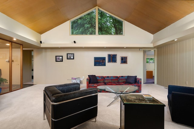 living room featuring high vaulted ceiling, carpet floors, and wooden ceiling