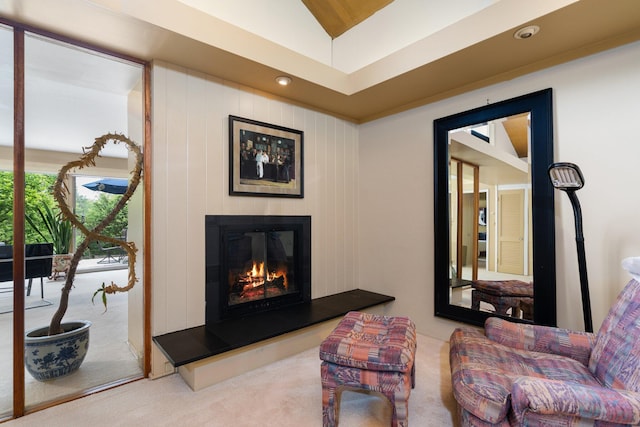 living room featuring lofted ceiling and carpet