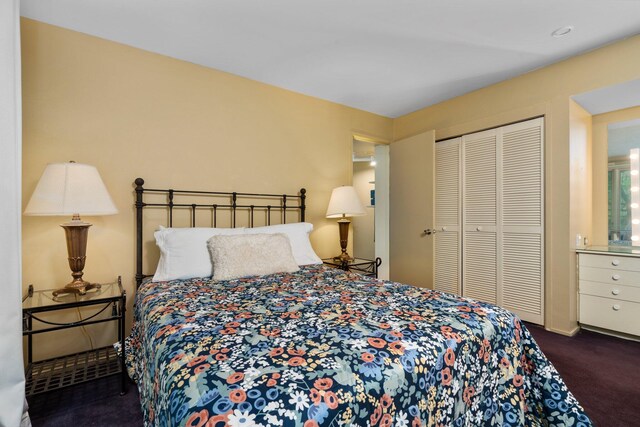 bedroom with a closet and dark colored carpet