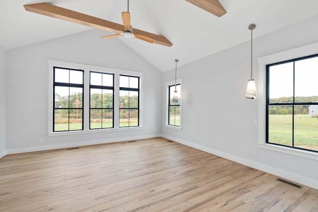 unfurnished room featuring beam ceiling, high vaulted ceiling, ceiling fan, and light wood-type flooring