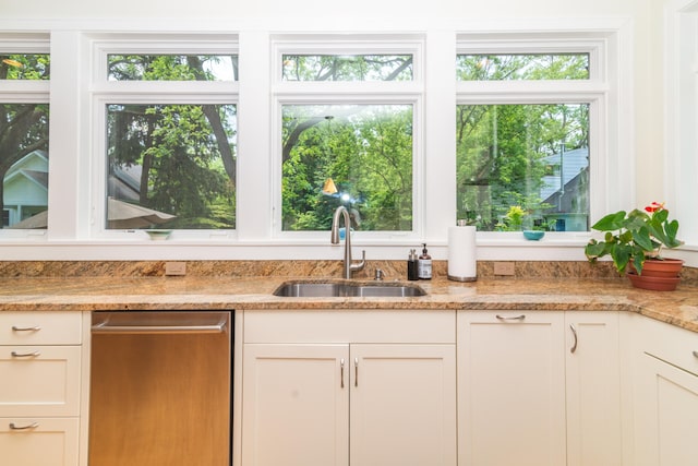 kitchen featuring white cabinetry, sink, light stone counters, and stainless steel dishwasher