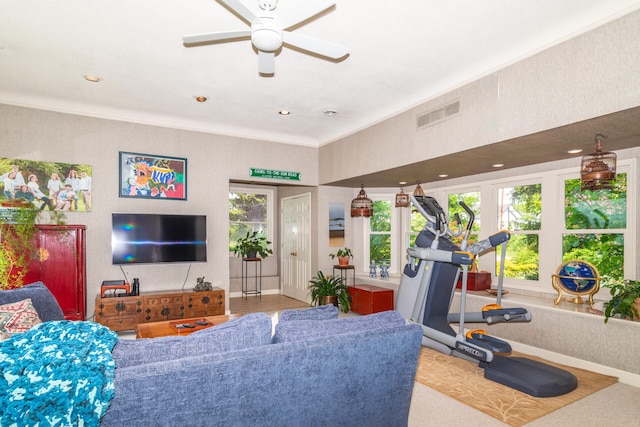 living room with ceiling fan and crown molding