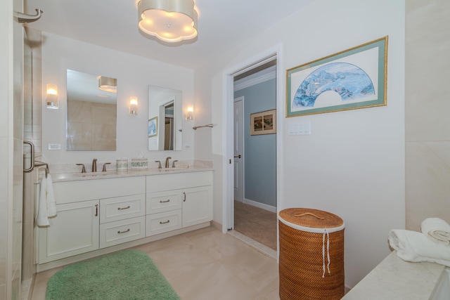 bathroom with dual vanity, walk in shower, and tile floors