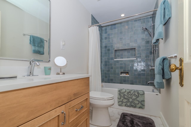 full bathroom featuring tile flooring, shower / tub combo, vanity, and toilet