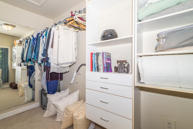 walk in closet with light colored carpet