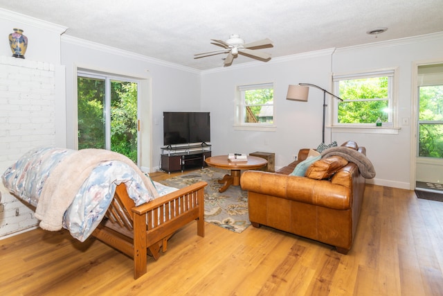 living room featuring ceiling fan, crown molding, and wood-type flooring