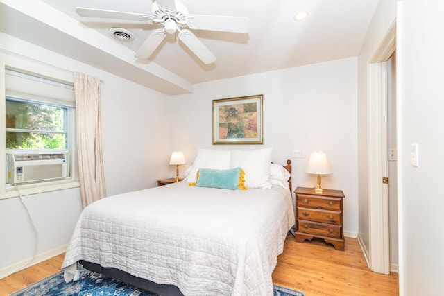 bedroom featuring ceiling fan and light wood-type flooring