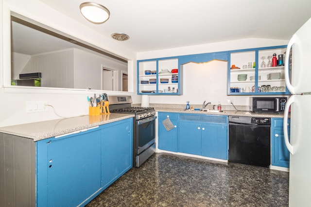 kitchen featuring light stone counters, dark tile floors, blue cabinetry, black appliances, and sink