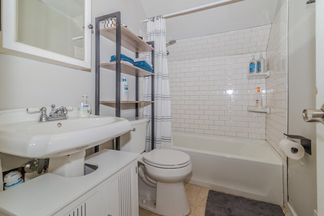 bathroom with tile floors, toilet, and shower / bathtub combination with curtain