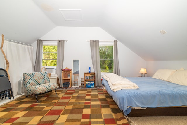 bedroom featuring vaulted ceiling