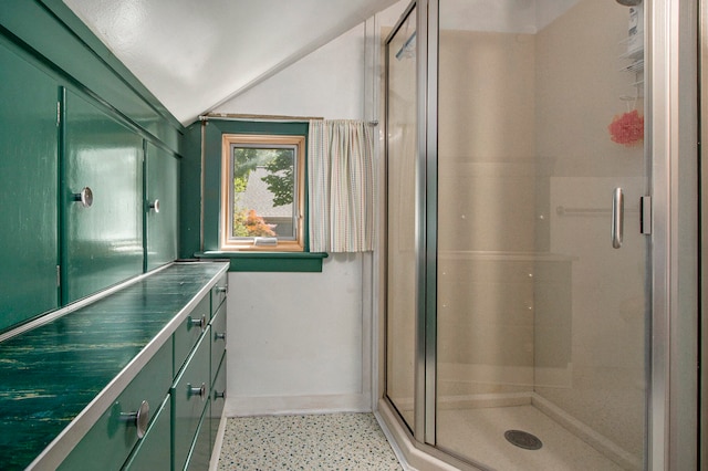 bathroom with vanity and a shower with shower door