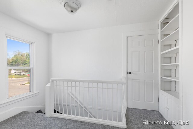 bedroom with a crib and carpet