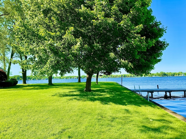 view of home's community featuring a yard, a boat dock, and a water view