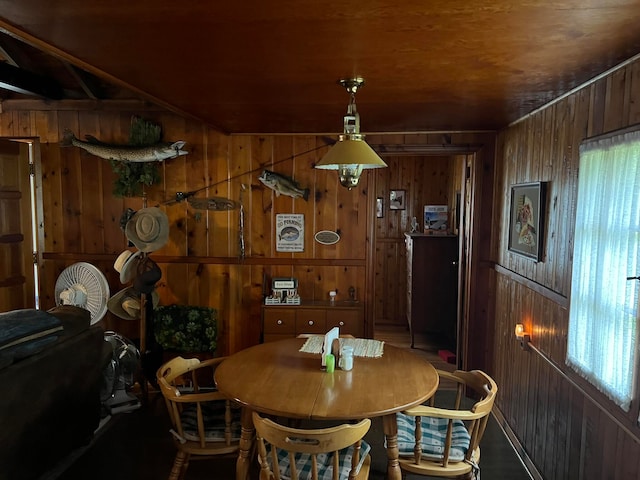 dining room with a wealth of natural light and wood walls