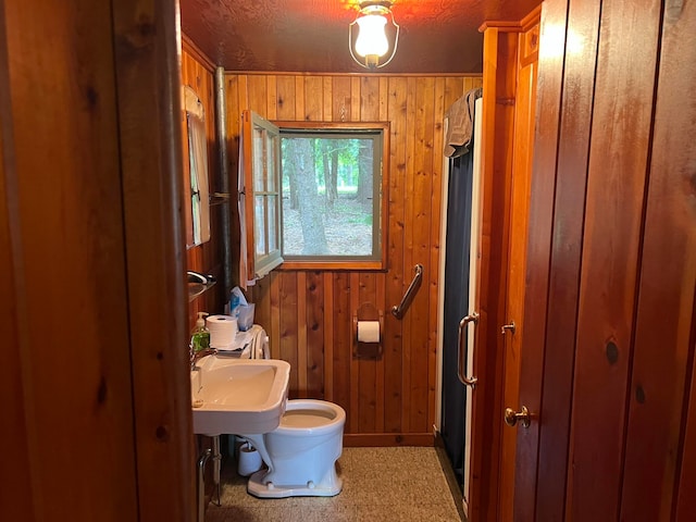 bathroom featuring wood walls, sink, and toilet