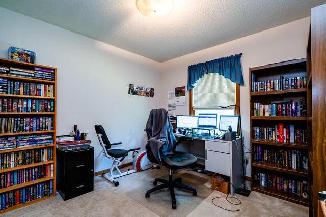 carpeted office featuring a textured ceiling