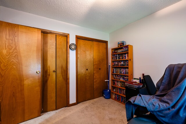 living area with light colored carpet and a textured ceiling