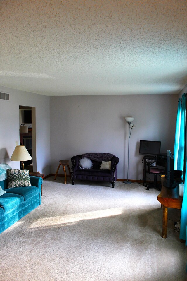 living room featuring carpet and a textured ceiling