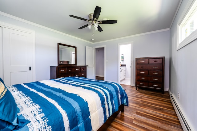 bedroom with ceiling fan, crown molding, dark wood-type flooring, a baseboard radiator, and connected bathroom