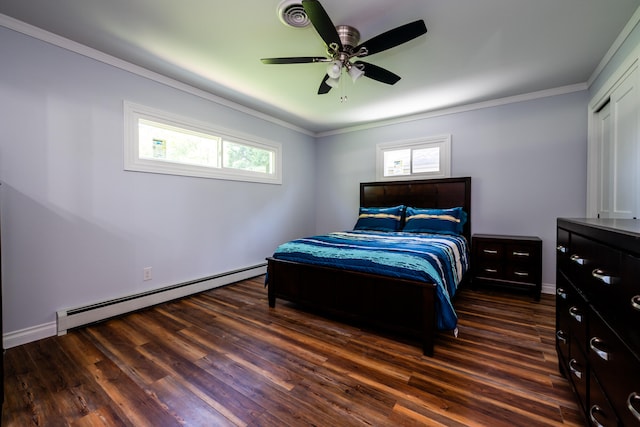 bedroom featuring crown molding, ceiling fan, a baseboard radiator, and dark wood-type flooring