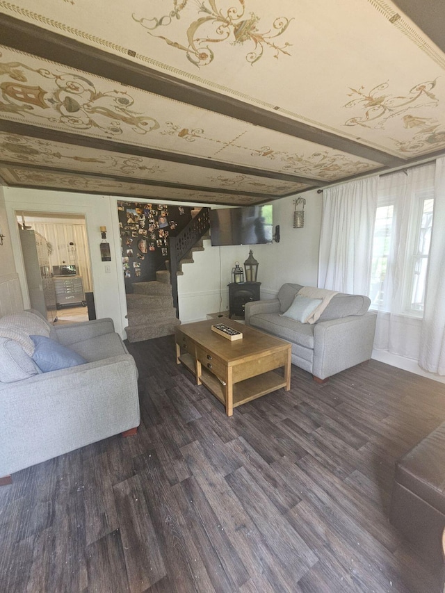 living room with dark hardwood / wood-style floors