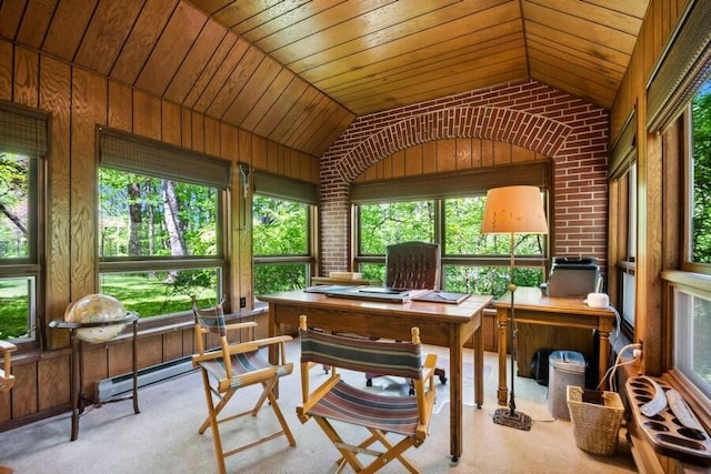 sunroom / solarium with lofted ceiling and wooden ceiling