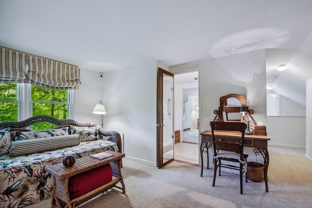 carpeted bedroom with vaulted ceiling