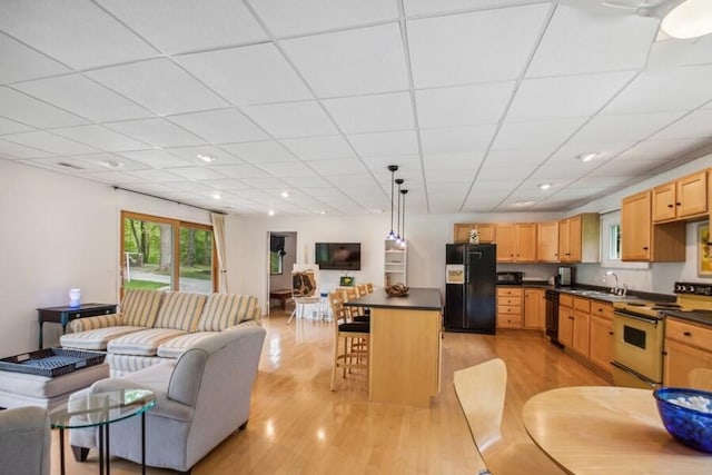 living room with sink, a drop ceiling, and light hardwood / wood-style flooring