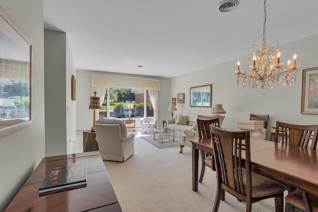 dining space with light colored carpet